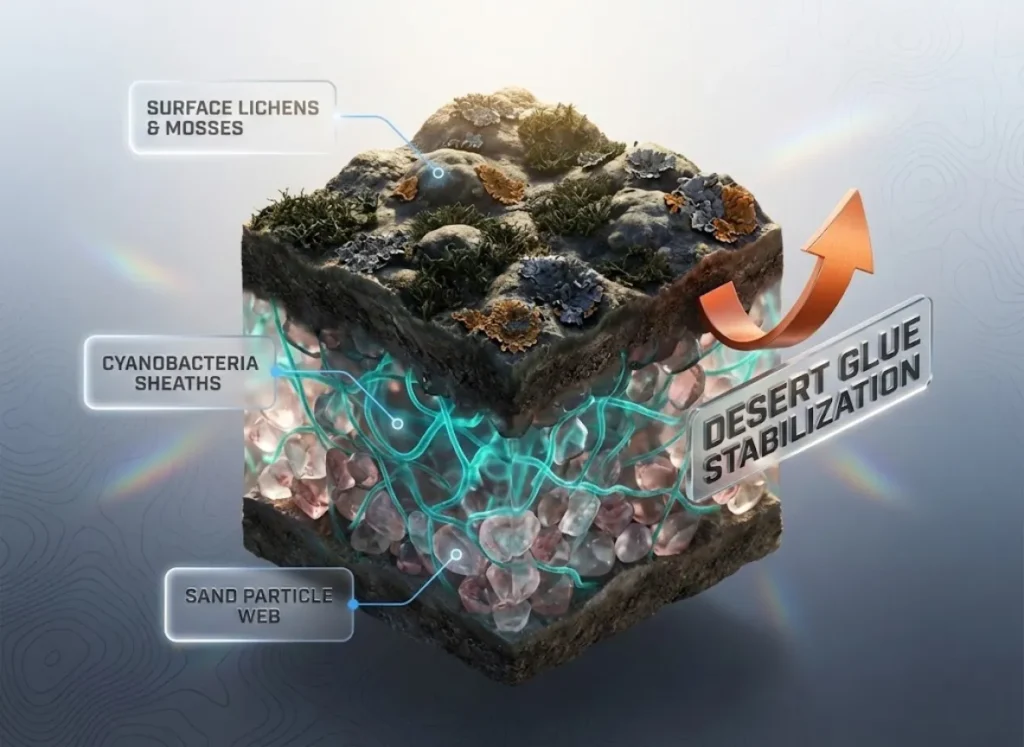 A premium 3D cross-section diagram of desert cryptobiotic soil, illustrating layers of surface lichens, cyanobacteria sheaths, and bound sand particles, demonstrating the "desert glue" stabilization effect.