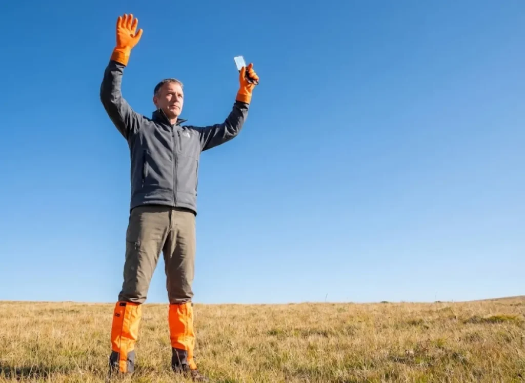 Hiker signaling with raised arms wearing high visibility gloves and gaiters for biomotion detection