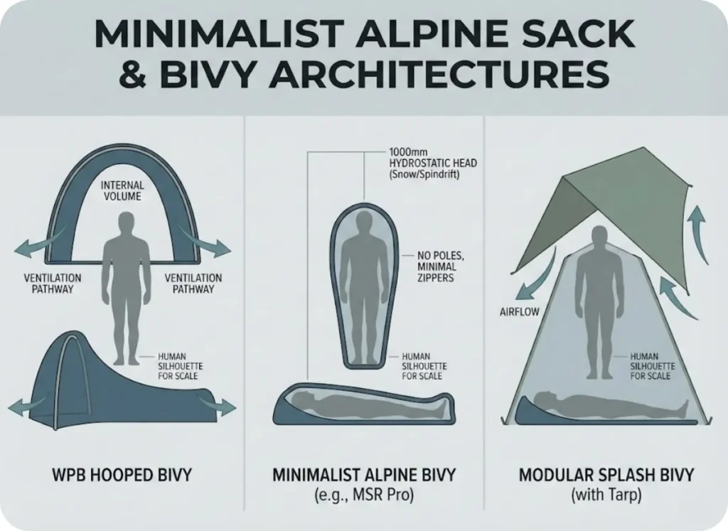 Side-by-side cross-section illustrations comparing three bivy architectures—WPB hooped bivy, minimalist alpine bivy, and modular splash bivy under tarp—showing internal volume, ventilation pathways, and human silhouette for scale.