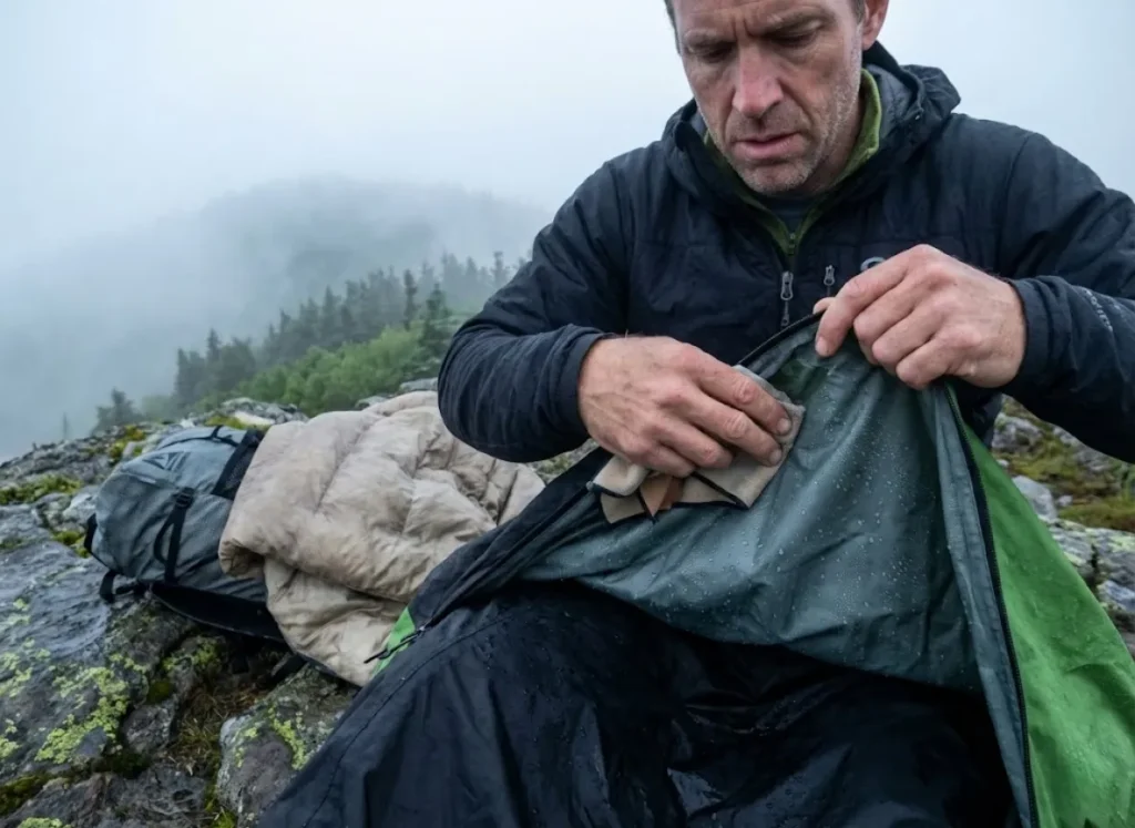 Hiker dealing with condensation inside waterproof bivy sack at foggy alpine camp