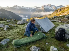 Bivy Sack vs Tent: A Hiker’s Weight-Protection Decision Lab Female hiker comparing bivy sack vs tent setup at alpine campsite during sunrise
