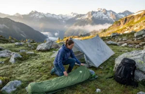 Bivy Sack vs Tent: A Hiker’s Weight-Protection Decision Lab Female hiker comparing bivy sack vs tent setup at alpine campsite during sunrise