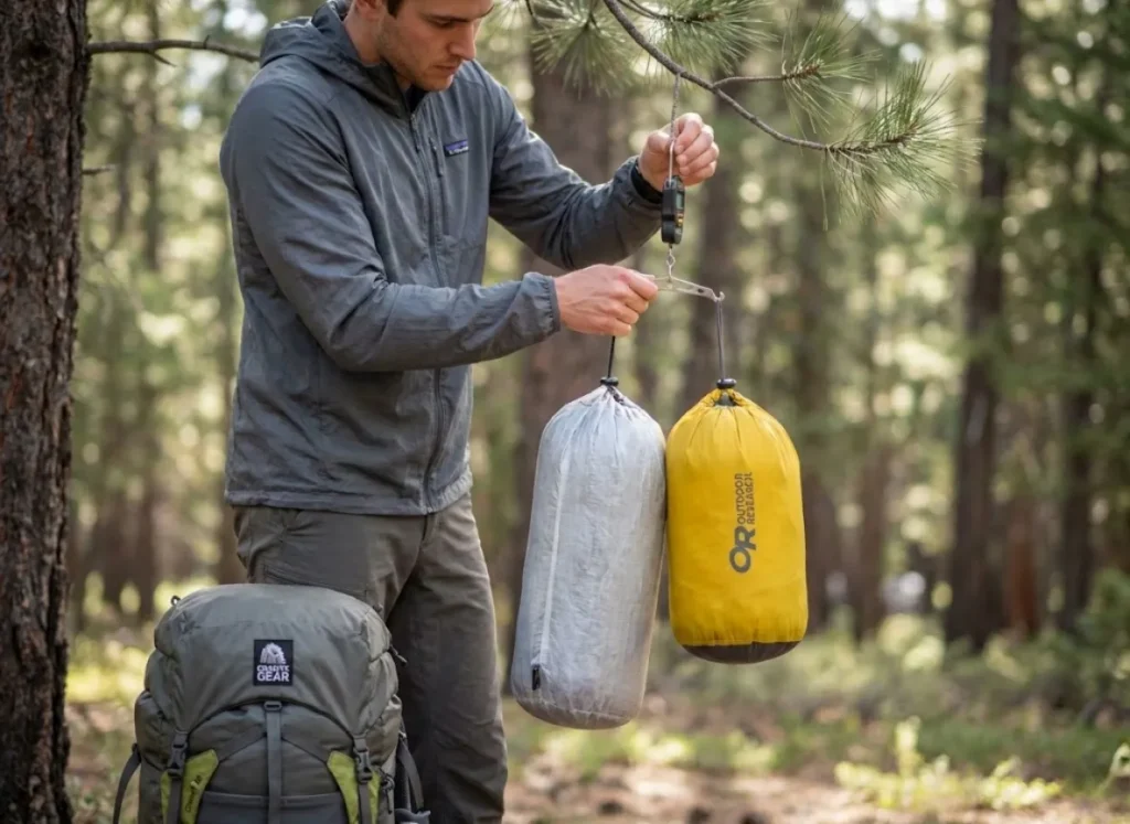 Hiker using scale to compare bivy sack weight versus ultralight tent on PCT