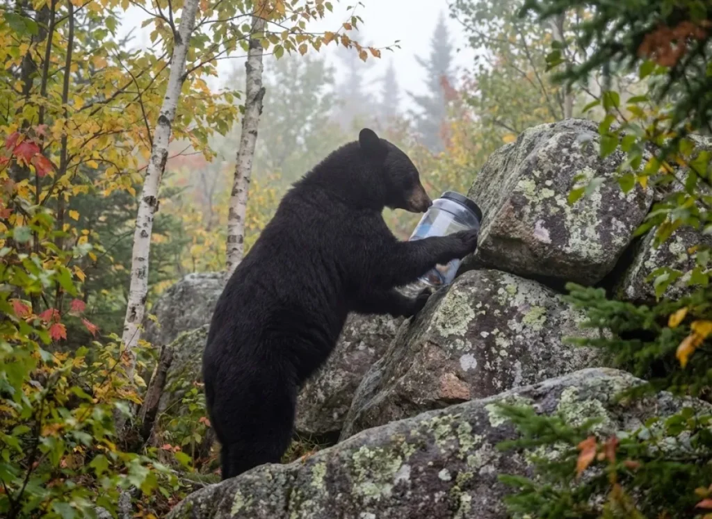 Black bear testing bear canister in Adirondack wilderness backcountry
