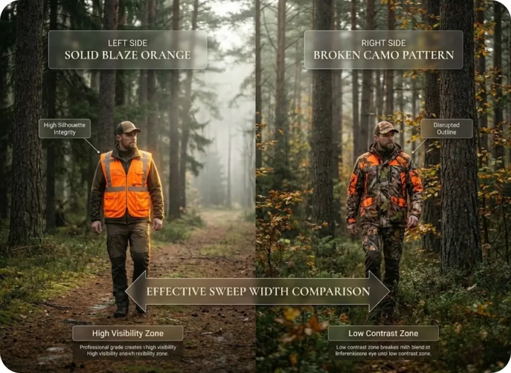 Split screen comparison showing a hiker in solid blaze orange vs camo orange in a forest, illustrating how solid colors maintain silhouette integrity for safety while camo patterns reduce visibility.