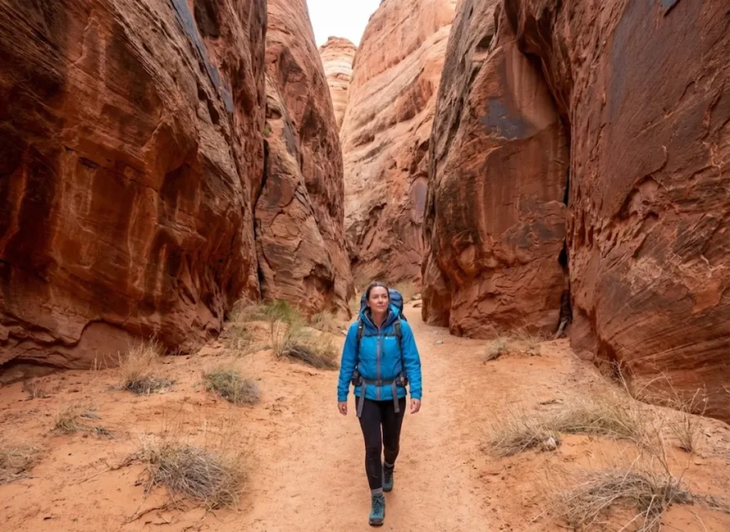 Backpacker in blue jacket hiking through red rock canyon demonstrating terrain-specific visibility color