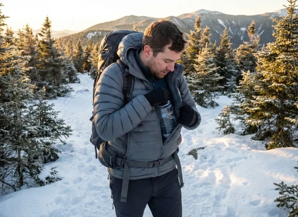 Hiker using body heat method to warm chemical-treated water bottle while winter hiking