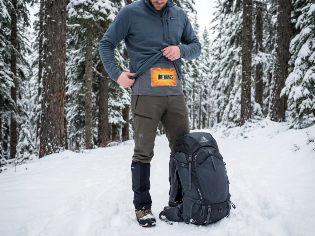 Hiker showing adhesive body warmer attached to synthetic base layer under fleece mid-layer