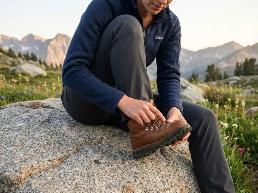 Hiker examining Goodyear welt construction on Danner boot to understand resoling feasibility