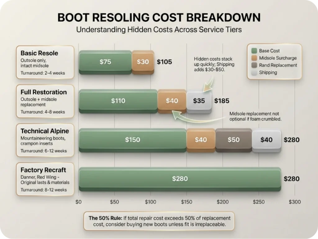 Stacked bar chart showing four boot resoling service tiers with price ranges and cost breakdowns including base cost, midsole surcharge, rand replacement, and shipping.