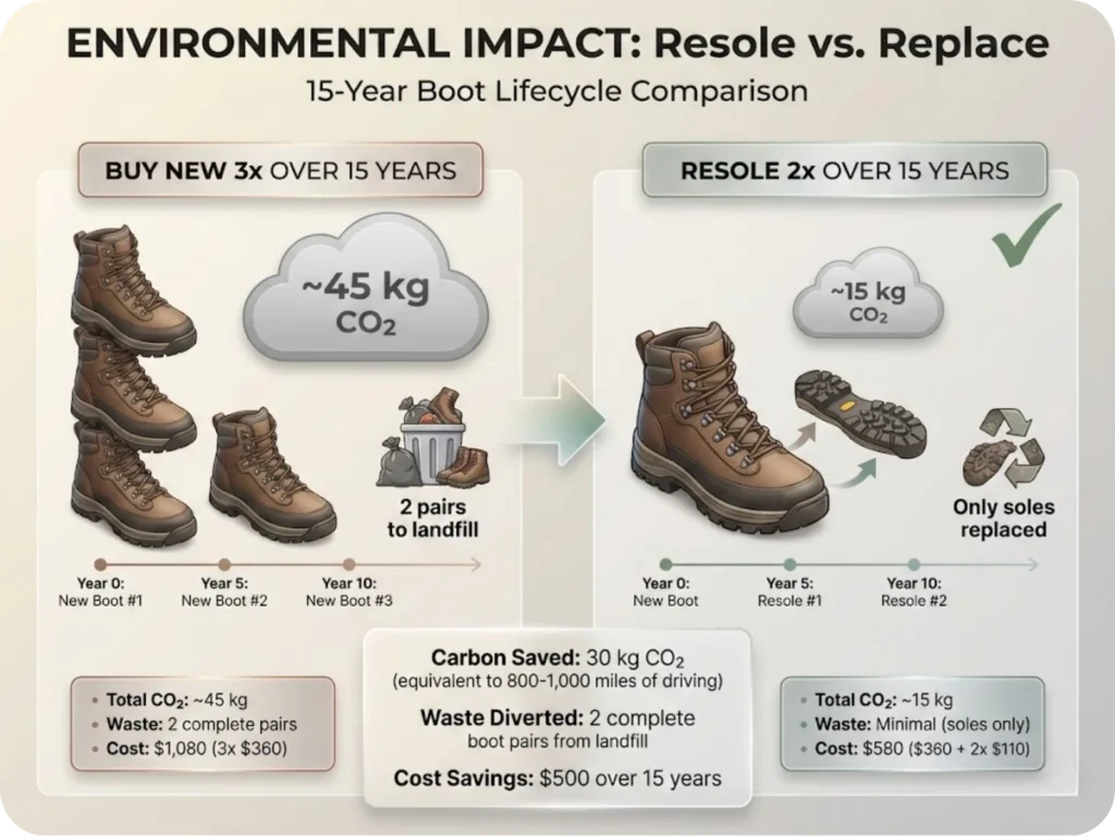 Side-by-side comparison showing carbon footprint of buying new boots three times versus resoling twice over 15 years, with CO2 emission clouds and waste diversion statistics.