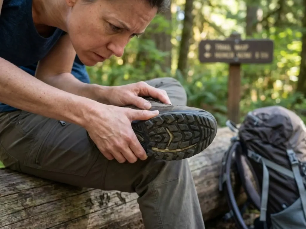 Hiker performing thumbnail test on Lowa boot midsole to check for hydrolysis and wear signs