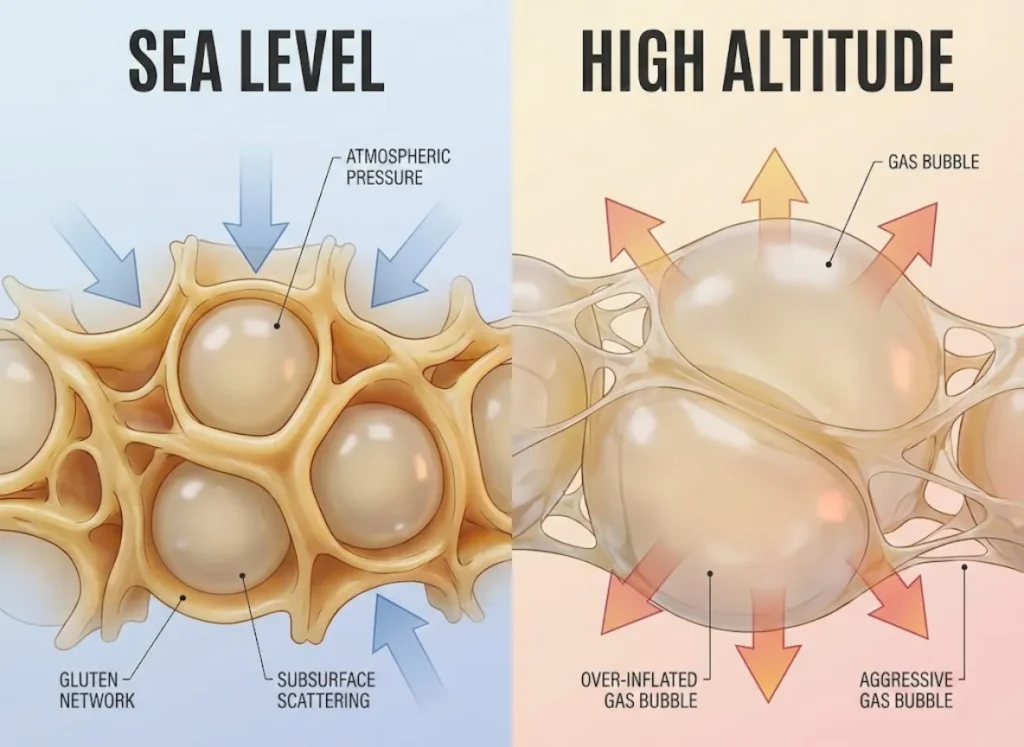 A split-screen scientific 3D illustration comparing bread dough microstructure. On the left, labeled "Sea Level," stable gas bubbles are held by thick gluten strands. On the right, labeled "High Altitude," large expanded bubbles stretch the gluten walls to the breaking point.