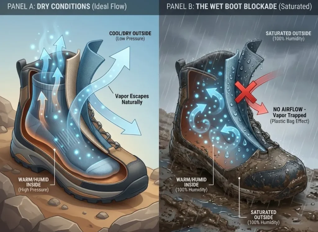 A two-panel infographic comparing hiking boot breathability. Left panel shows 'Dry Conditions' where warm vapor escapes a boot. Right panel illustrates 'The Wet Boot Blockade,' showing trapped vapor inside a saturated boot due to 100% external humidity, with text labels explaining pressure differentials.
