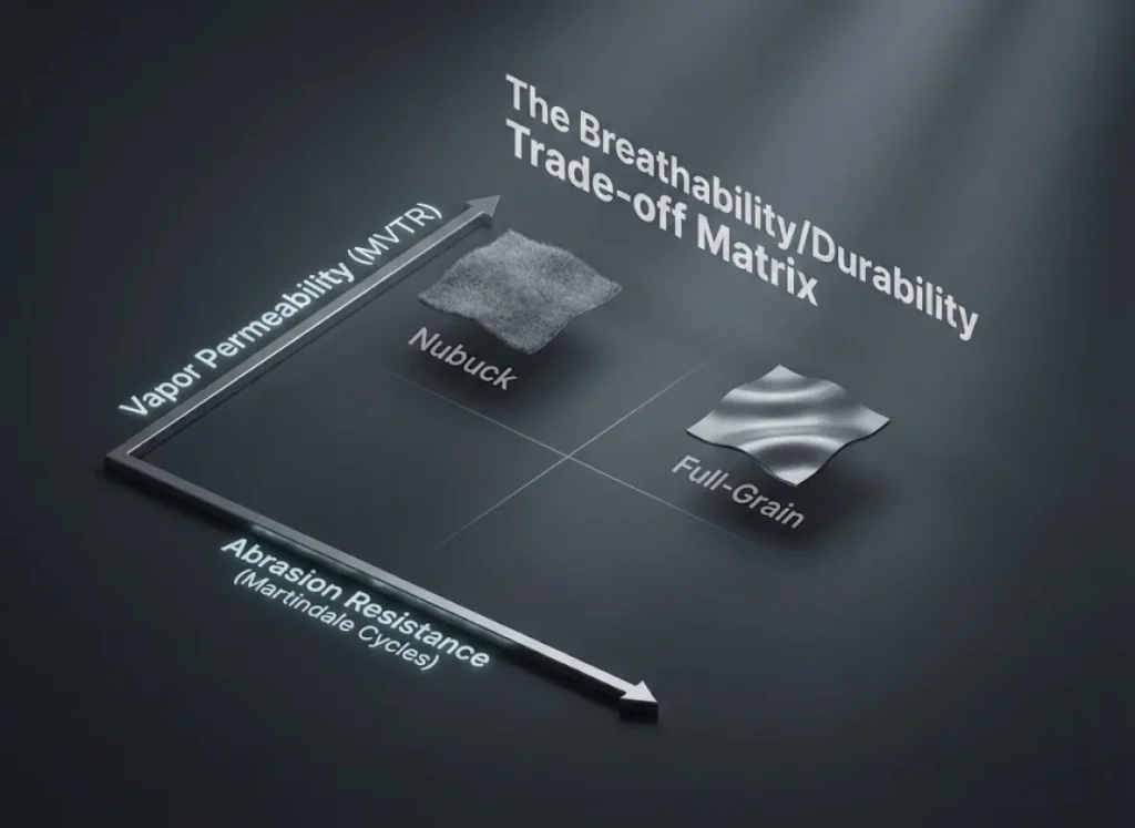 A sophisticated 3D scatter chart titled "The Breathability/Durability Trade-off Matrix," plotting Full-Grain leather as high abrasion resistance with lower permeability, and Nubuck as higher permeability with lower abrasion resistance.