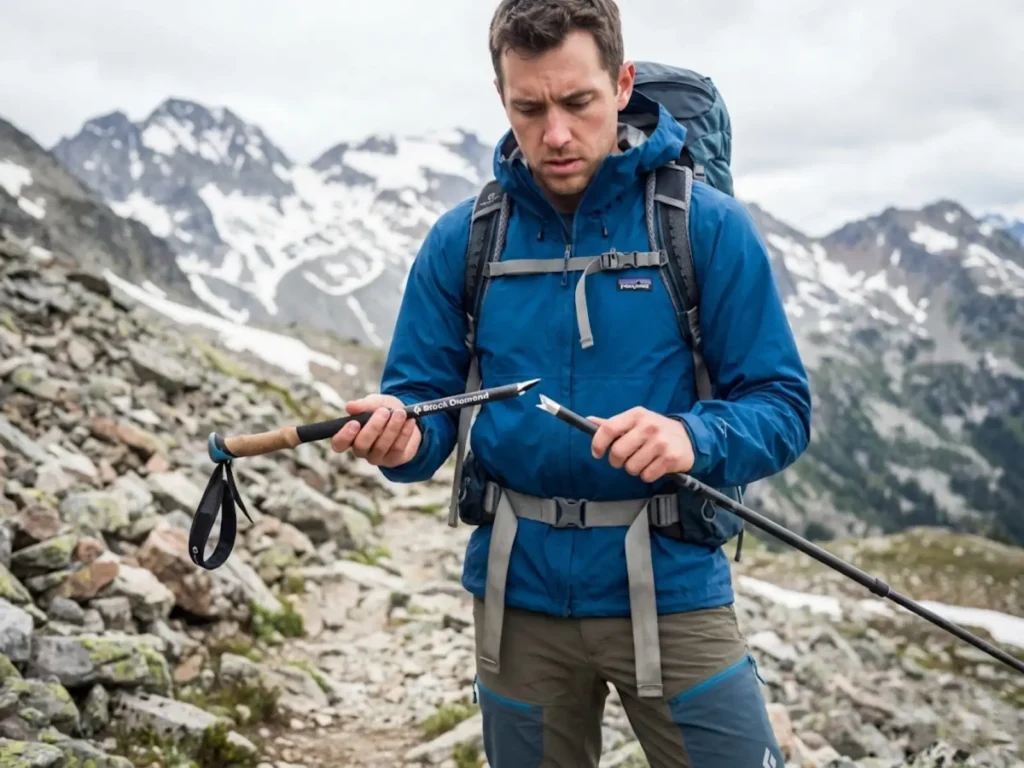 Hiker examining broken carbon fiber trekking pole on rocky alpine trail