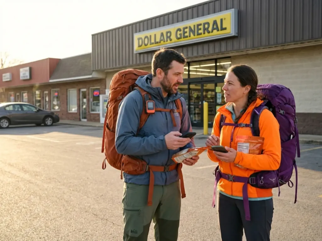 Thru-hikers comparing food prices at Dollar General store for buy-as-you-go resupply strategy