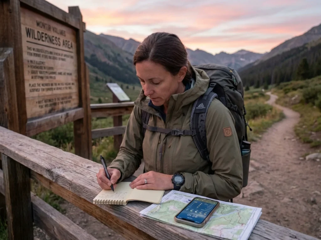 Hiker calculating turnaround time by writing plan at trailhead during pre-hike preparation