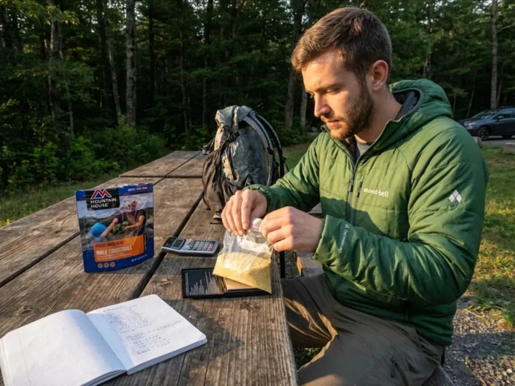 Hiker weighing and comparing cost efficiency of bulk couscous versus freeze-dried backpacking meals