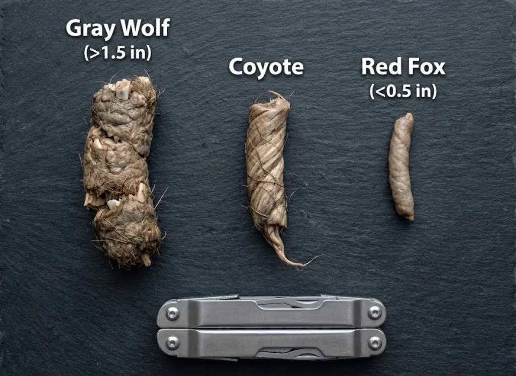 A high-definition visual comparison of three wild canid scat samples arranged side-by-side on a dark slate background. From left to right: a large Gray Wolf scat with bone fragments, a medium Coyote scat with tapered ends, and a small Red Fox scat. A silver outdoor multitool is placed below them to provide a size scale reference.