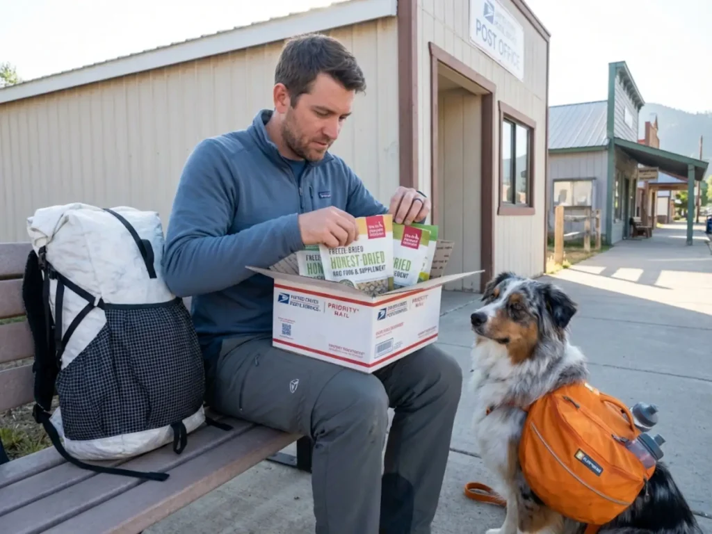 Thru-hiker with dog opening mail drop resupply box containing freeze-dried dog food and canine supplements