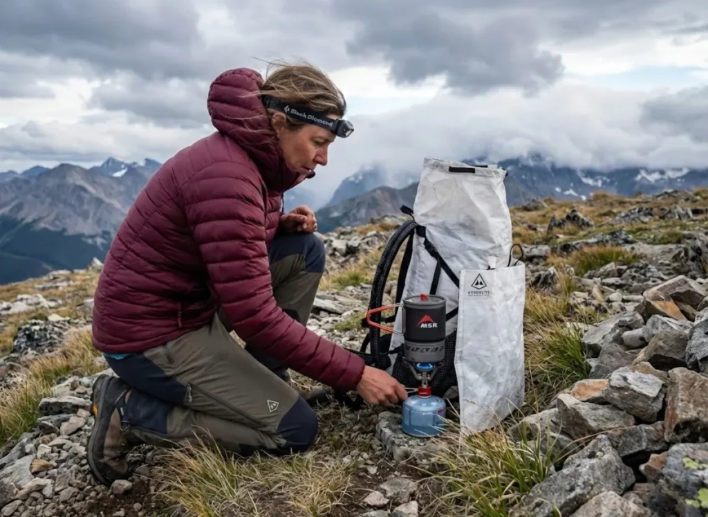 Mountaineer operating canister stove in windy alpine conditions with pack windbreak