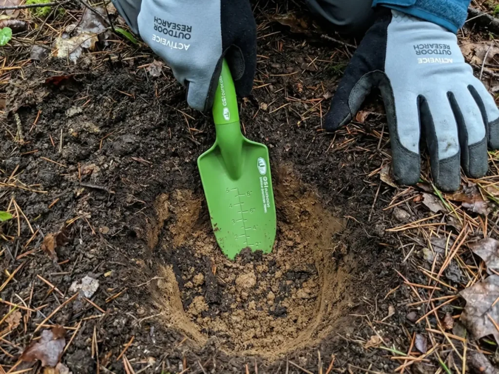 GSI trowel measuring 6-8 inch cathole depth in dark organic forest soil