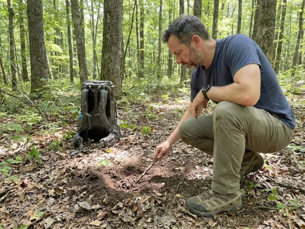 Backpacker using stick to mix soil into cathole following Leave No Trace protocol