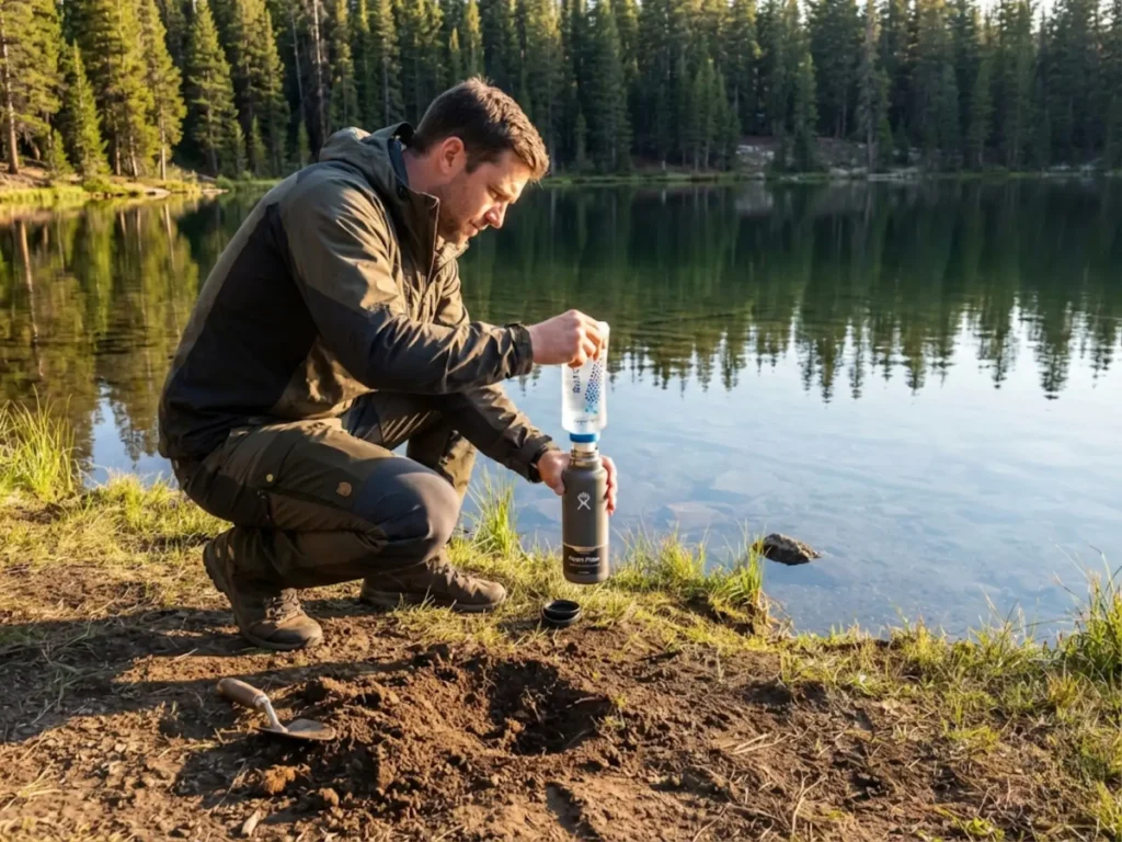 Hiker filtering water near lake with improperly located cathole visible illustrating contamination risk