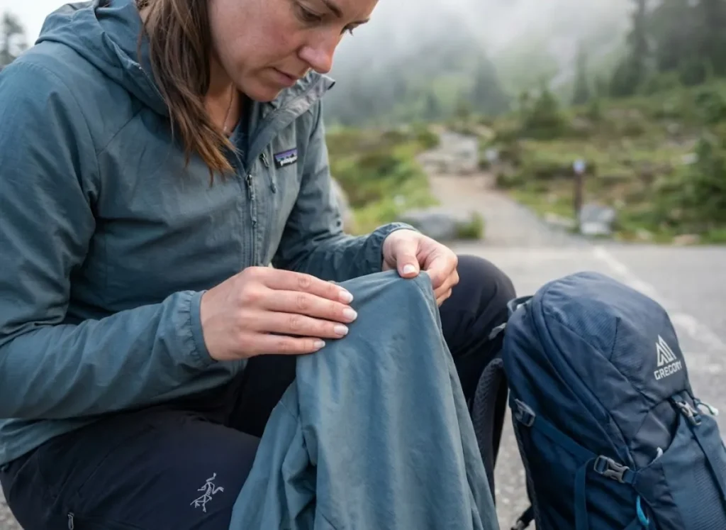 Hiker examining wind shirt fabric CFM breathability before mountain hike
