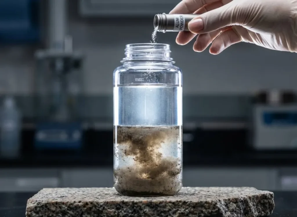 Backlit photo of a Nalgene bottle demonstrating the separation of clear water and sediment using Alum flocculation, with a hand holding the chemical vial.