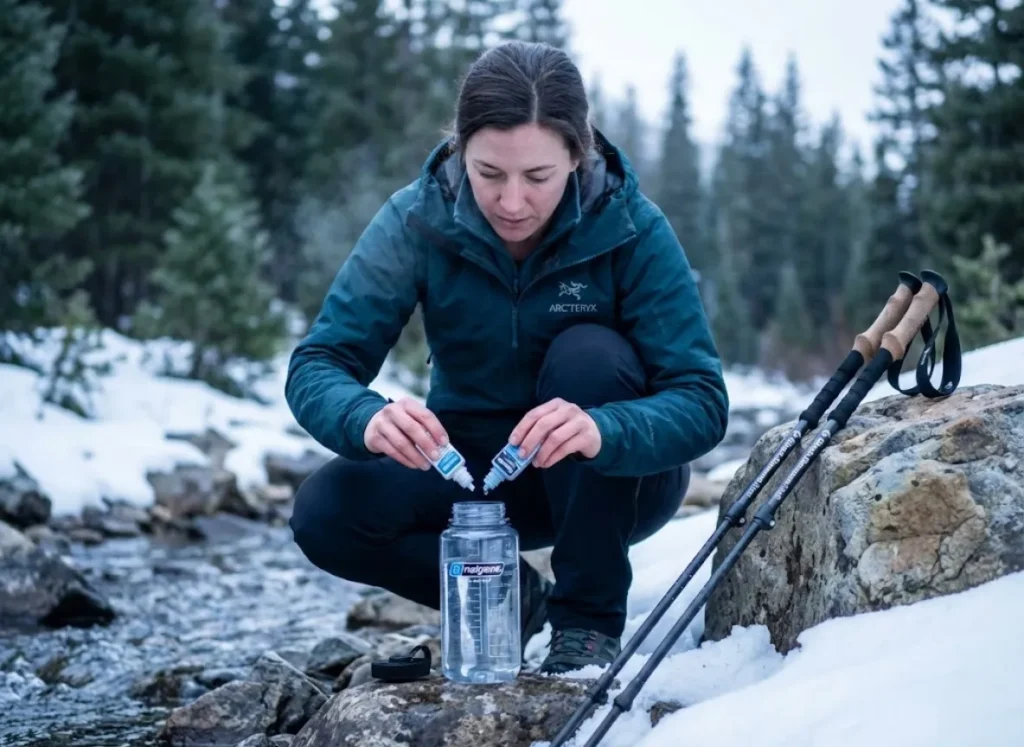 Hiker adding Aquamira chemical treatment drops to cold mountain stream water in winter conditions