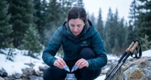 Chemical Treatment Times in Cold Water: The Real Numbers Hiker adding Aquamira chemical treatment drops to cold mountain stream water in winter conditions