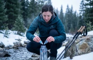 Chemical Treatment Times in Cold Water: The Real Numbers Hiker adding Aquamira chemical treatment drops to cold mountain stream water in winter conditions