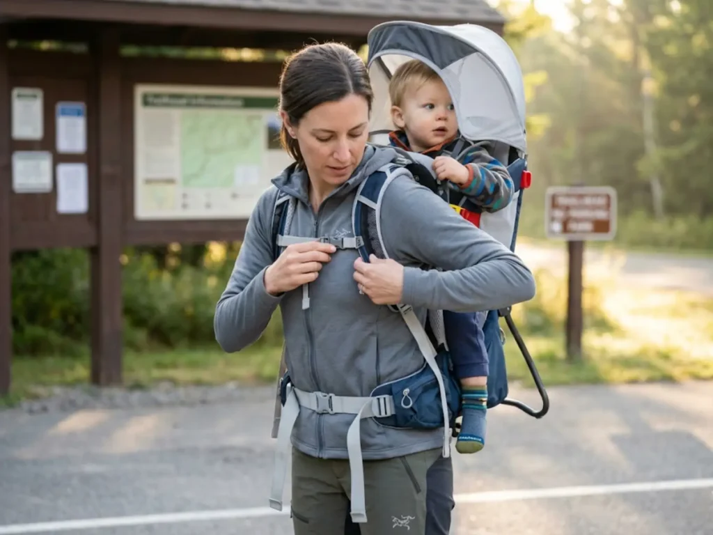Mother adjusting Osprey Poco child carrier straps at trailhead with curious toddler