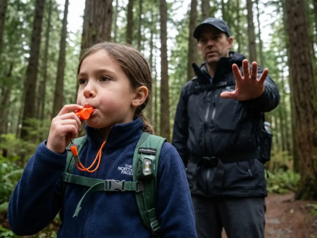 Young girl practicing emergency whistle signal with father demonstrating safety protocol