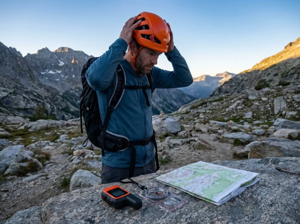 Hiker preparing Class 3 scrambling gear including Petzl helmet and Garmin GPS at trailhead