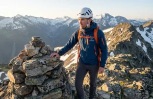 How to Read Class 3 Terrain Markers (And When to Ignore Them) Hiker in Petzl helmet reading rock cairn terrain markers on Class 3 alpine ridge at sunrise
