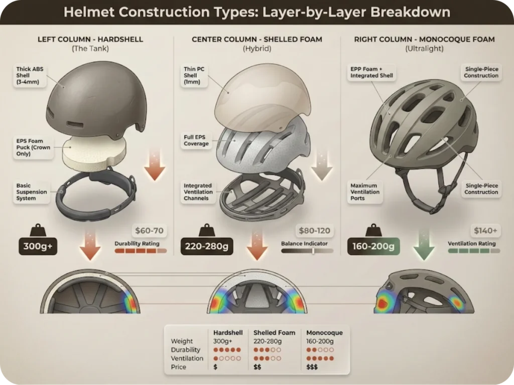 Exploded view technical diagram comparing three climbing helmet construction types: Hardshell, Shelled Foam, and Monocoque Foam, showing layer-by-layer materials and weight distribution.