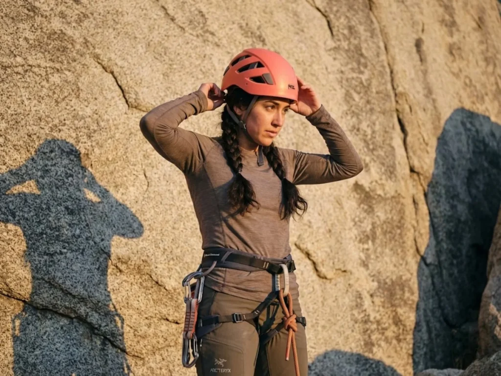 Female climber adjusting Petzl Borea helmet fit at base of granite wall with braided hair