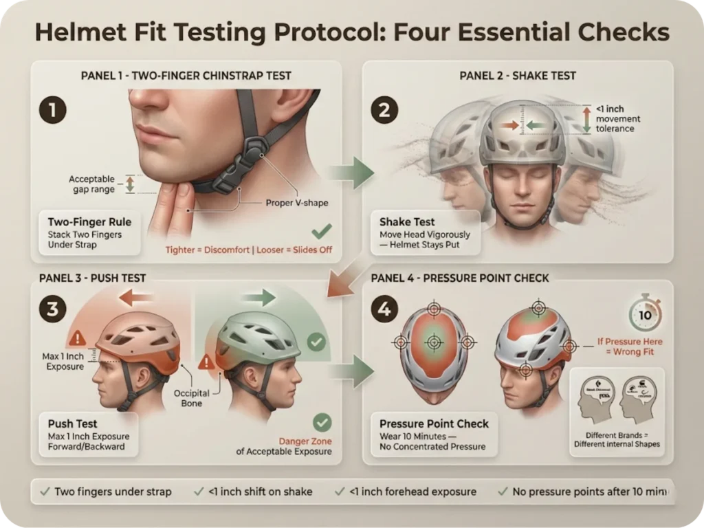Four-step climbing helmet fit testing protocol showing two-finger chinstrap test, shake test, push test, and pressure point check locations.