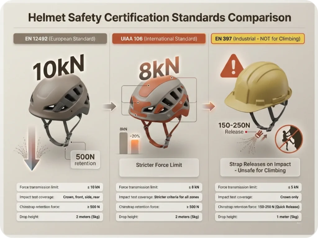 Comparison infographic of climbing helmet safety standards EN 12492, UIAA 106, and industrial EN 397, showing force limits, impact testing, and chinstrap retention requirements.