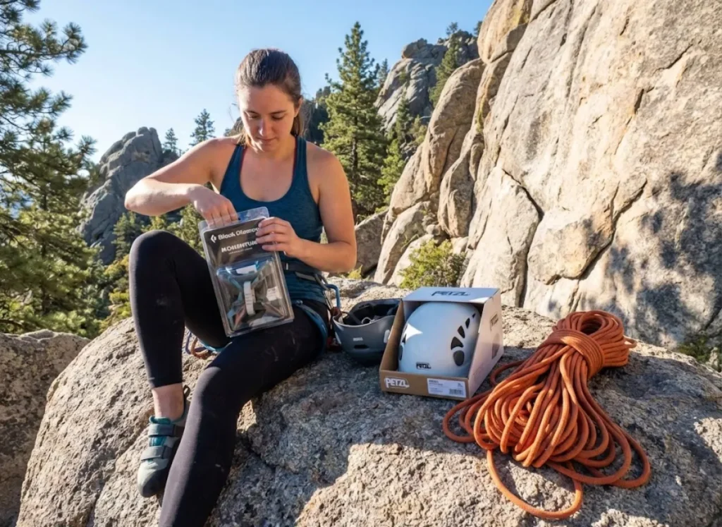 Climber unpacking brand new Black Diamond harness at crag - safety gear should be bought new