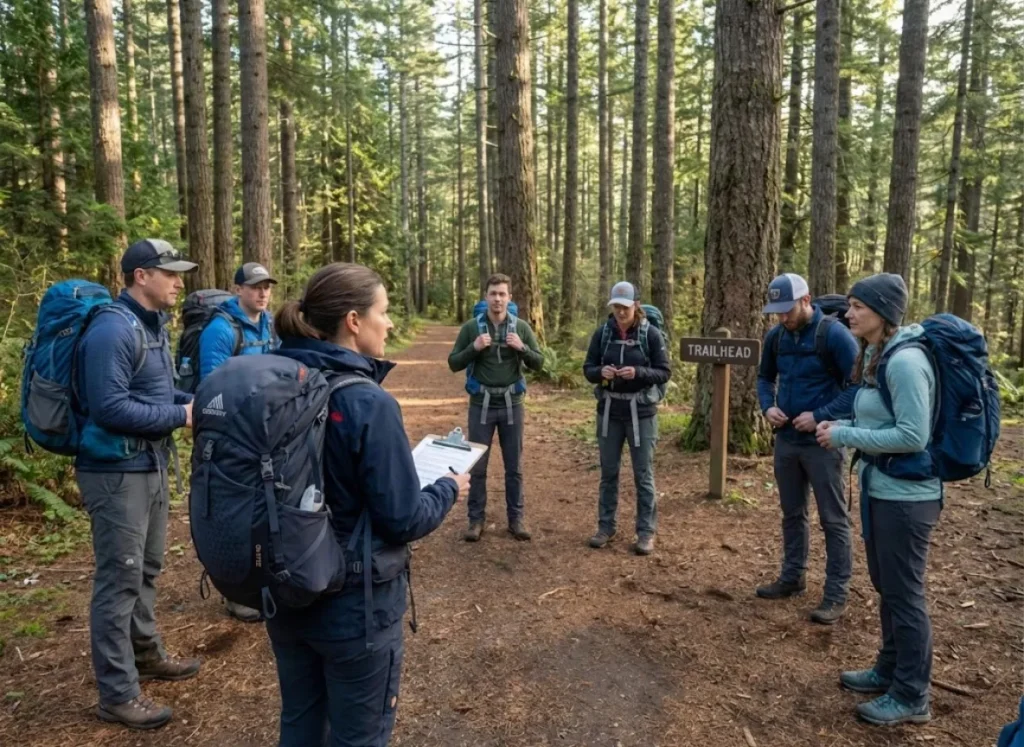 Volunteer hiking club leader conducting trailhead safety briefing with group members