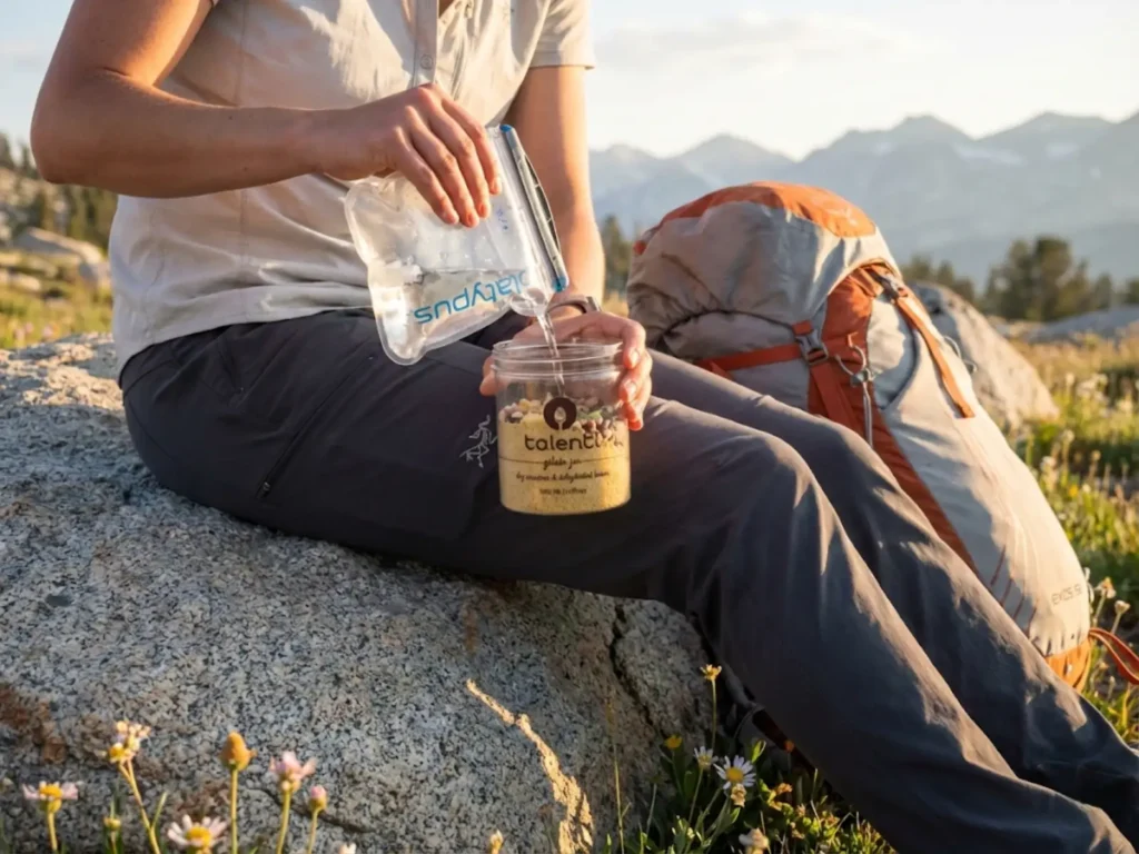 Hiker cold soaking no-cook backpacking meal in Talenti jar on alpine trail during golden hour