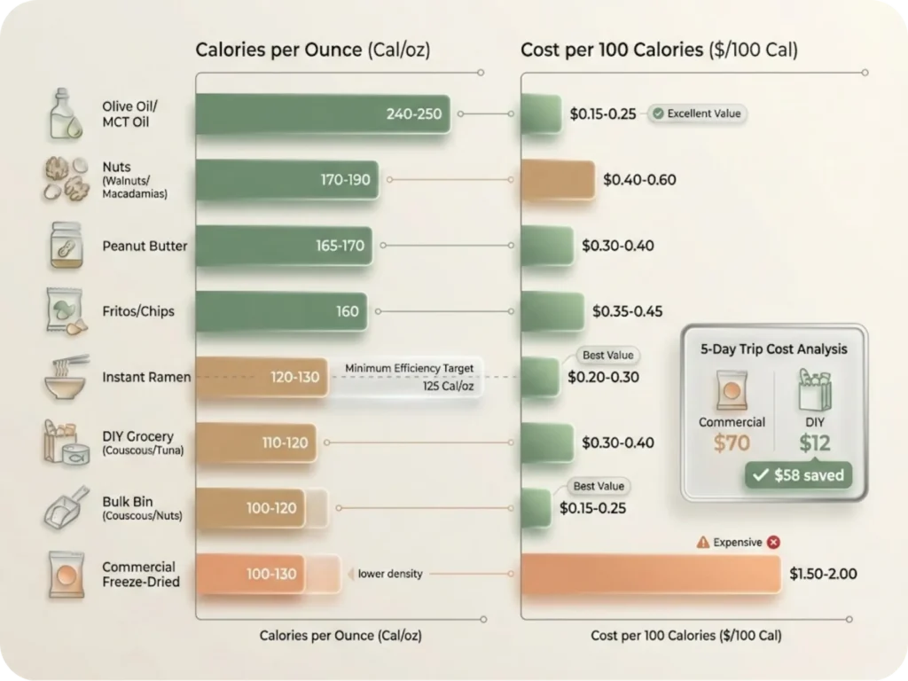 Bar chart comparing calories per ounce and cost per 100 calories for common cold soak foods, from olive oil to commercial freeze-dried meals.