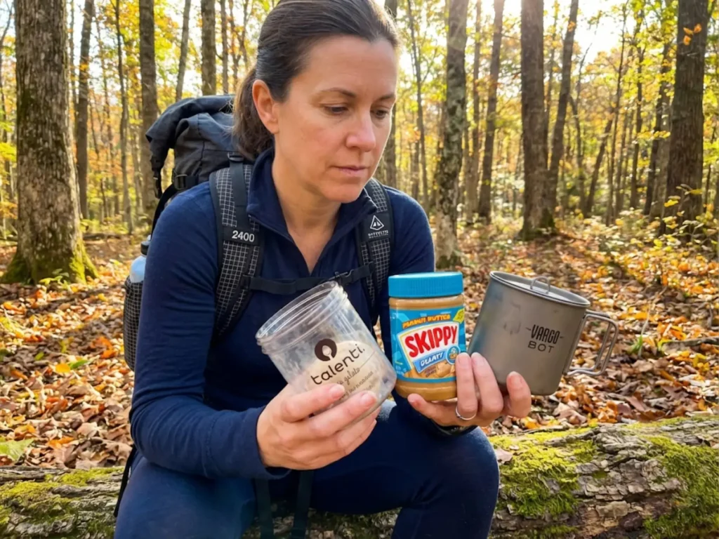 Hiker comparing Talenti jar, peanut butter jar, and Vargo BOT titanium container for cold soaking