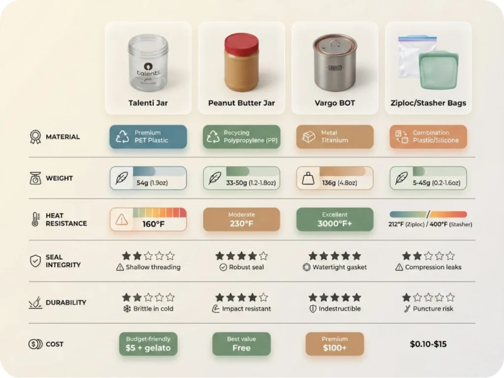 Comparison table of cold soak containers showing Talenti jar, peanut butter jar, Vargo BOT, and bags with material specs, weight, heat resistance, and durability ratings.