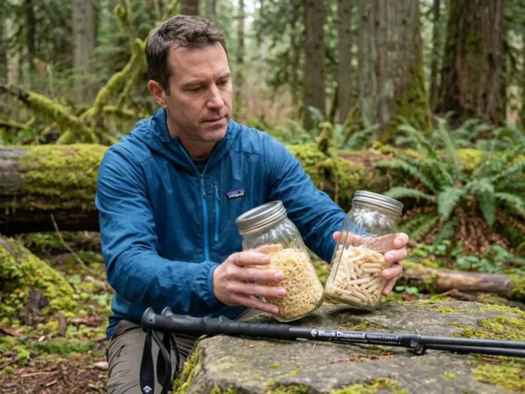 Hiker comparing successful instant ramen cold soak versus failed raw pasta in clear jars on forest trail