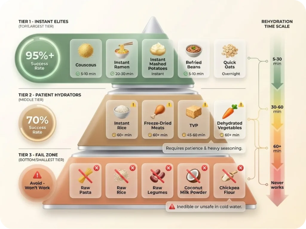 Three-tier pyramid ranking cold soak ingredients by success rate and rehydration time, from instant elites to patient hydrators to fail zone items.